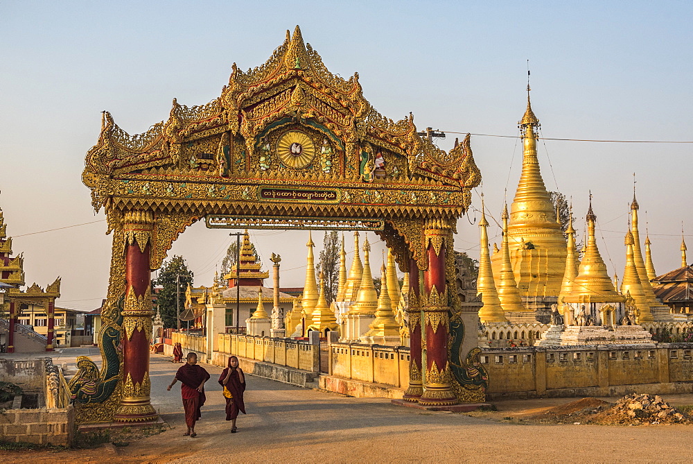 Street scene with Buddhist monk, Pindaya, Shan State, Myanmar (Burma)