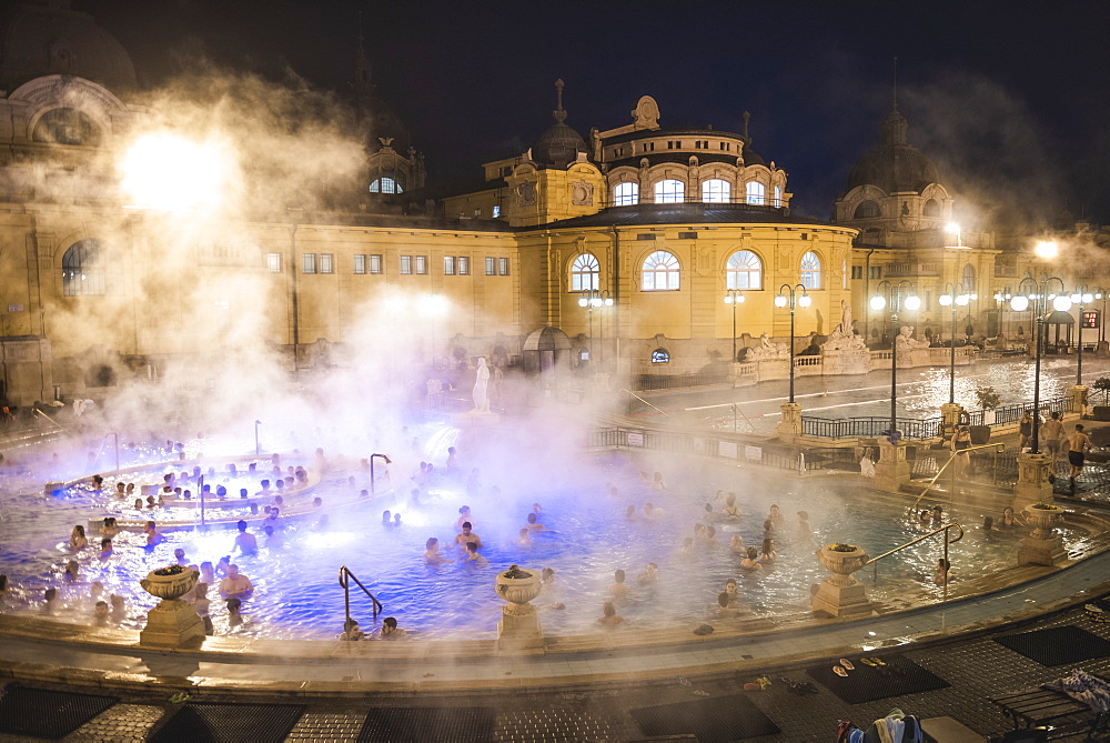 Szechenyi Thermal Baths at night, Budapest, Hungary, Europe