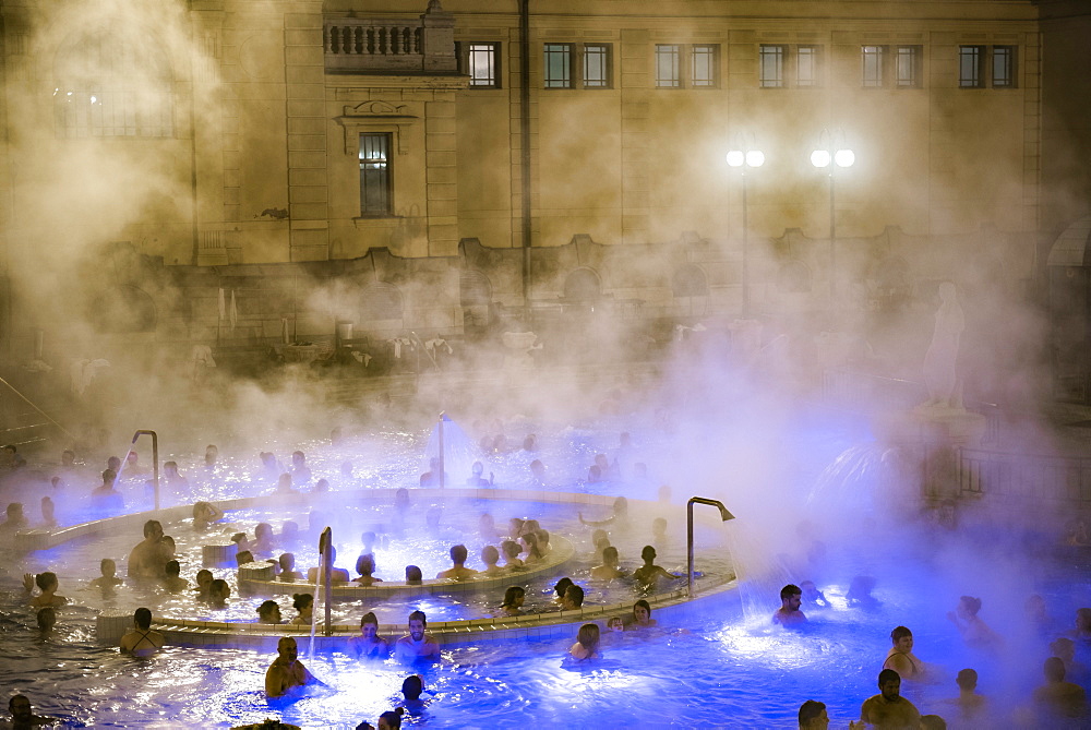 Szechenyi Thermal Baths at night, Budapest, Hungary, Europe