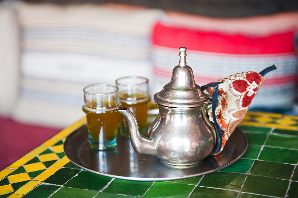 Moroccan mint tea pot at a cafe in Marrakech, Morocco, North Africa, Africa 