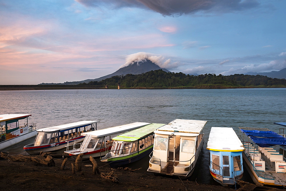 Arenal Volcano and Arenal Lake at sunset, near La Fortuna, Alajuela Province, Costa Rica, Central America