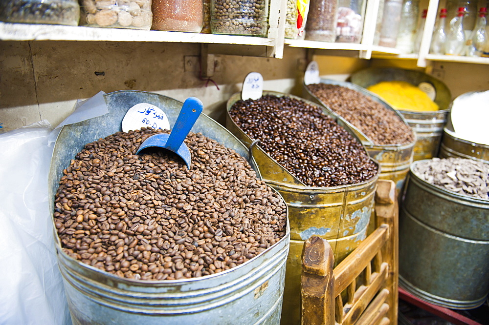 Coffee beans for sale in the souks of Marrakech, Morocco, North Africa, Africa 