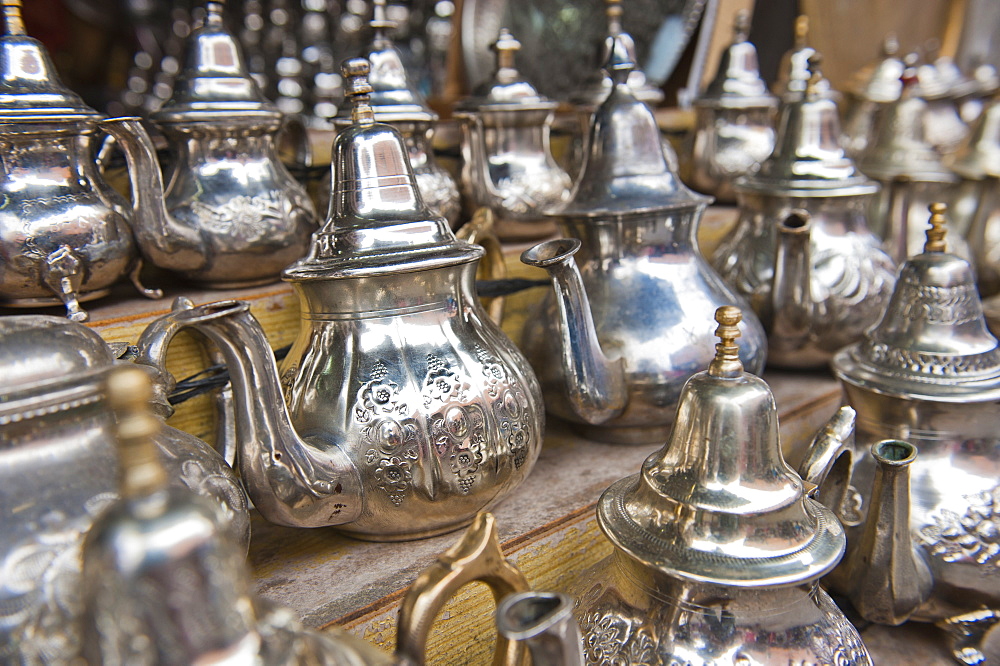 Traditional metal Moroccan mint tea pots for sale in the souks in the old Medina, Marrakech, Morocco, North Africa, Africa 