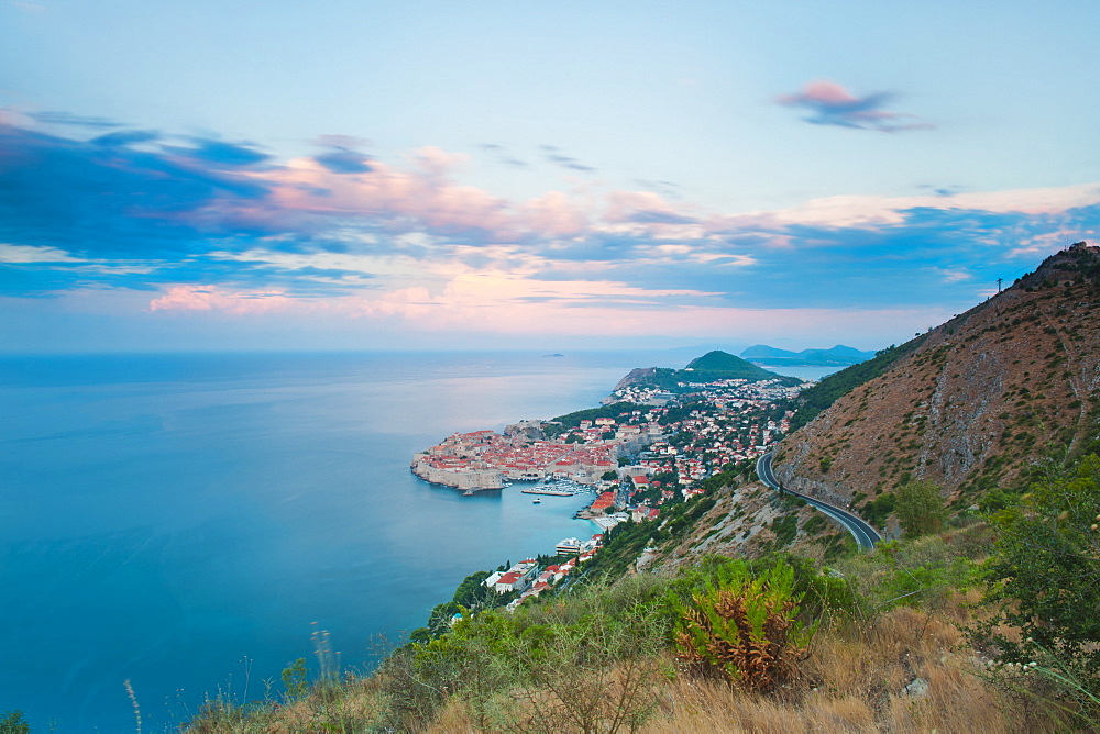 Dubrovnik Old Town and Mount Srd at sunrise, Dalmatian Coast, Adriatic, Croatia, Europe 