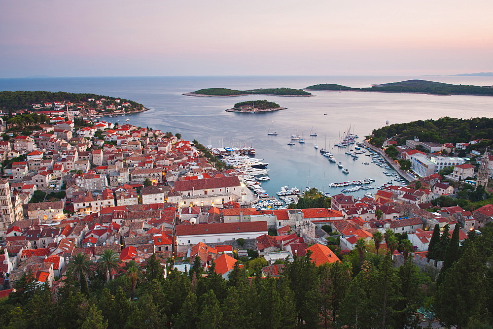 Hvar Town at sunset taken from the Spanish Fortress (Fortica), Hvar Island, Dalmatian Coast, Adriatic, Croatia, Europe 