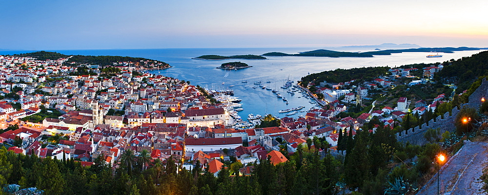 Hvar Town and the Pakleni Islands (Paklinski Islands) at night, Hvar Island, Dalmatian Coast, Adriatic Sea, Croatia, Europe 