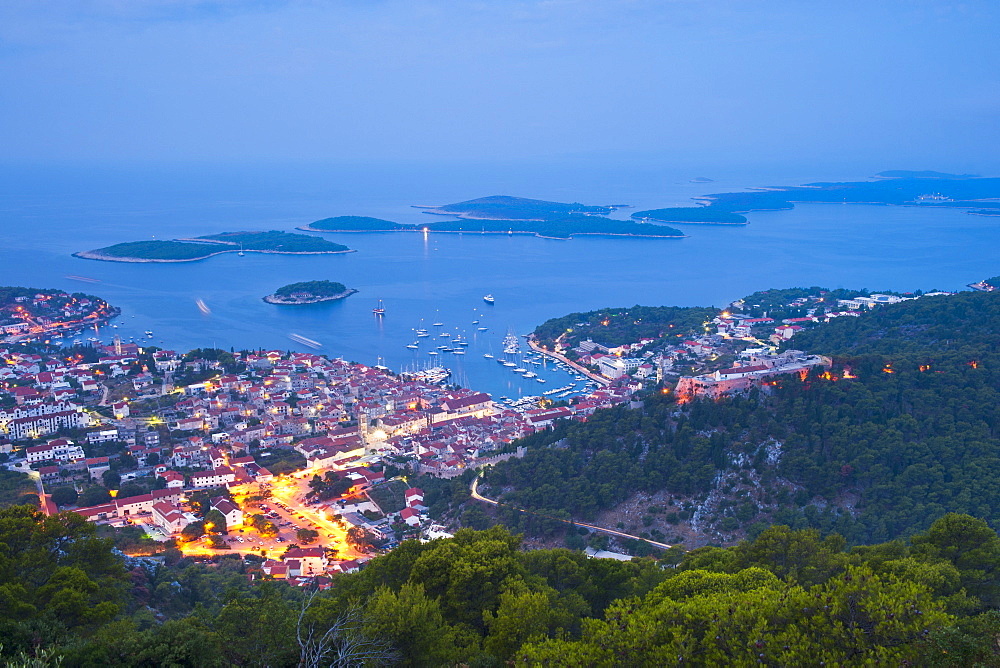 Hvar Town and the Pakleni Islands (Paklinski Islands) at night, Dalmatian Coast, Adriatic Sea, Croatia, Europe 