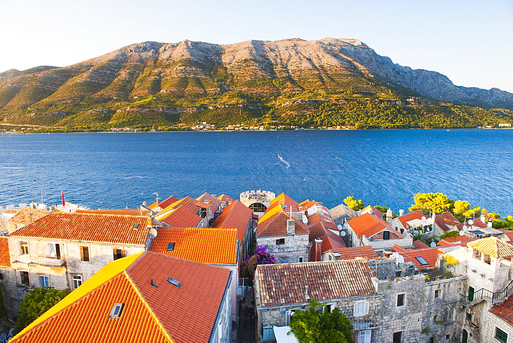 Korcula Town at sunset, elevated view from St. Marks Cathedral bell tower, Korcula Island, Dalmatian Coast, Adriatic, Croatia, Europe 