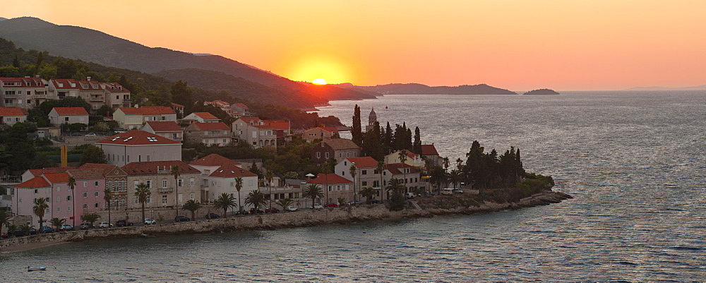 Korcula Town at sunset, elevated view from St. Marks Cathedral bell tower, Korcula Island, Dalmatian Coast, Adriatic, Croatia, Europe 