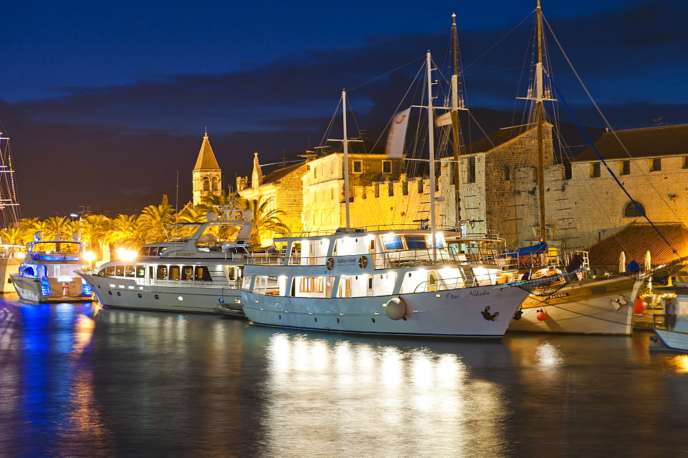 Trogir town and boat docks at night, Trogir, Dalmatian Coast, Adriatic, Croatia, Europe 