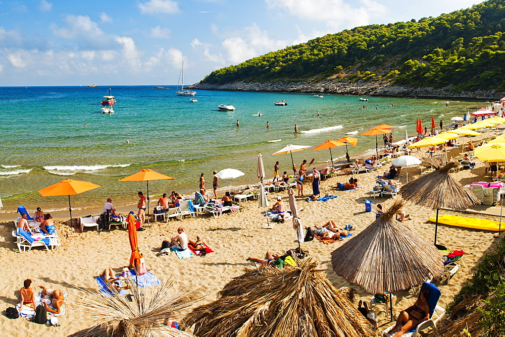 Sunj Beach, a popular sandy beach on Lopud Island, Elaphiti Islands (Elaphites), Dalmatian Coast, Adriatic Sea, Croatia, Europe 