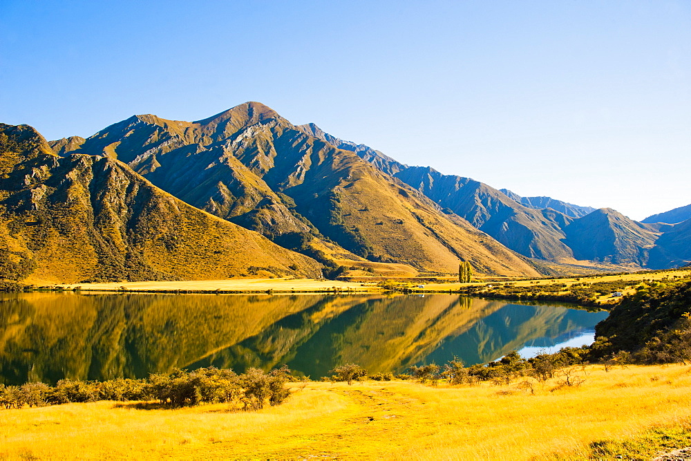 Early morning reflections at Lake Moke, Queenstown, Otago, South Island, New Zealand, Pacific 