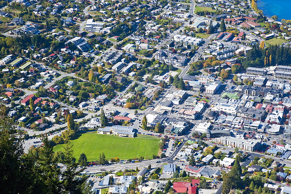 Aerial photo of Queenstown, Otago, South Island, New Zealand, Pacific 