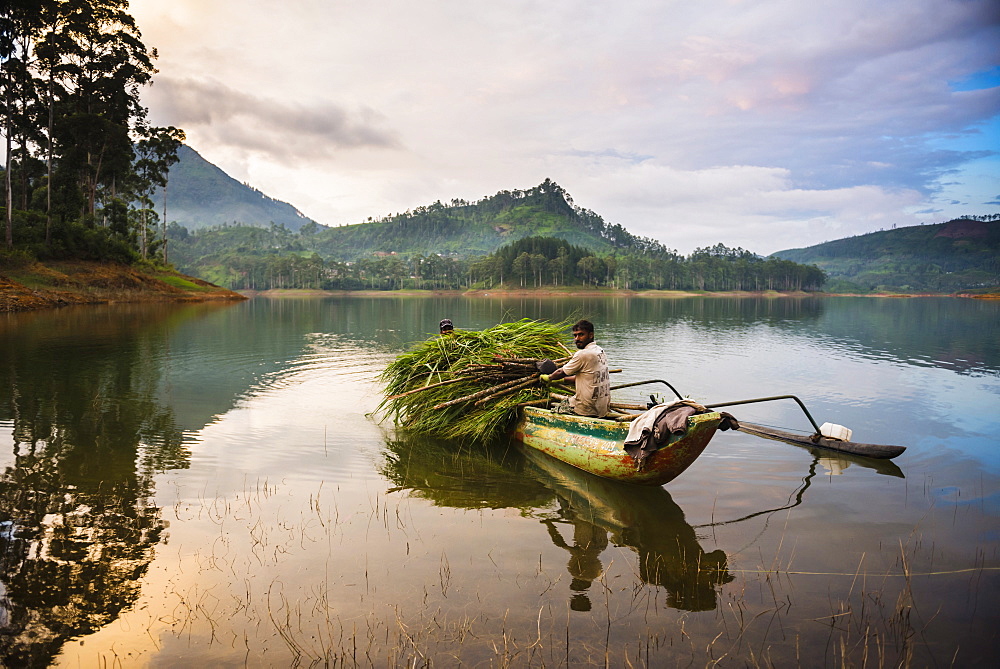 Farmers at the Maussakele Reservoir between Dalhousie and Hatton, Nuwara Eliya District, Central Highlands, Sri Lanka, Asia 