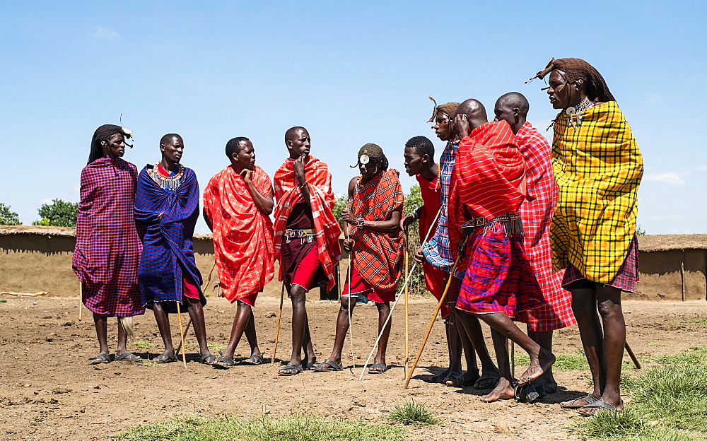 Masai Mara members sing tribal songs to greet guests to their village, Masai Mara National Reserve, Kenya, East Africa, Africa