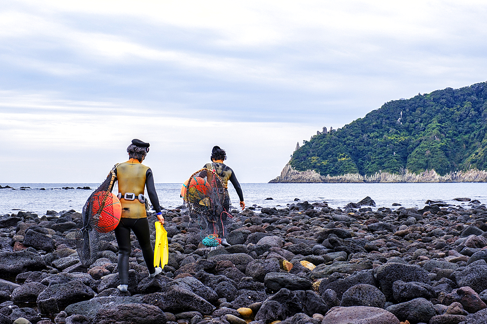 Haenyeo women, famous for diving into their eighties and holding their breath for up to two minutes, diving for conch, octopus, seaweed, and other seafood, Jeju, South Korea, Asia