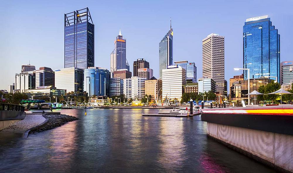 Perth skyline from Elizabeth Quay, looking over Swan River, Perth, Western Australia, Australia, Pacific