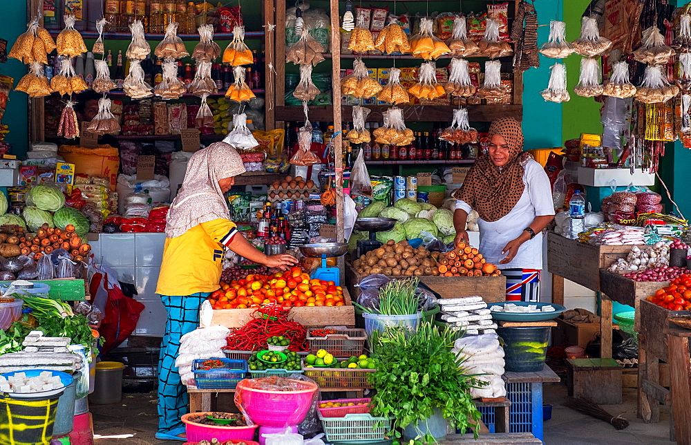 Fresh food market stall selling fruit and vegetables, Togian Islands, Indonesia, Southeast Asia, Asia