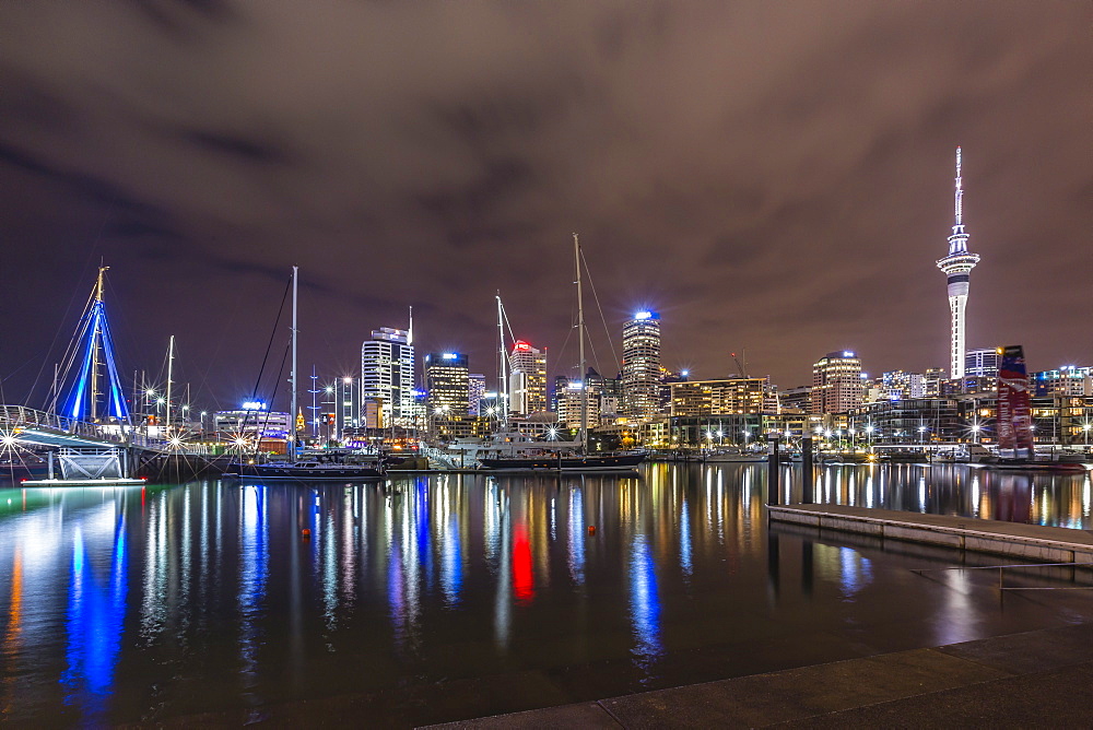 Night view of the city of Auckland from Auckland Harbour, North Island, New Zealand, Pacific 