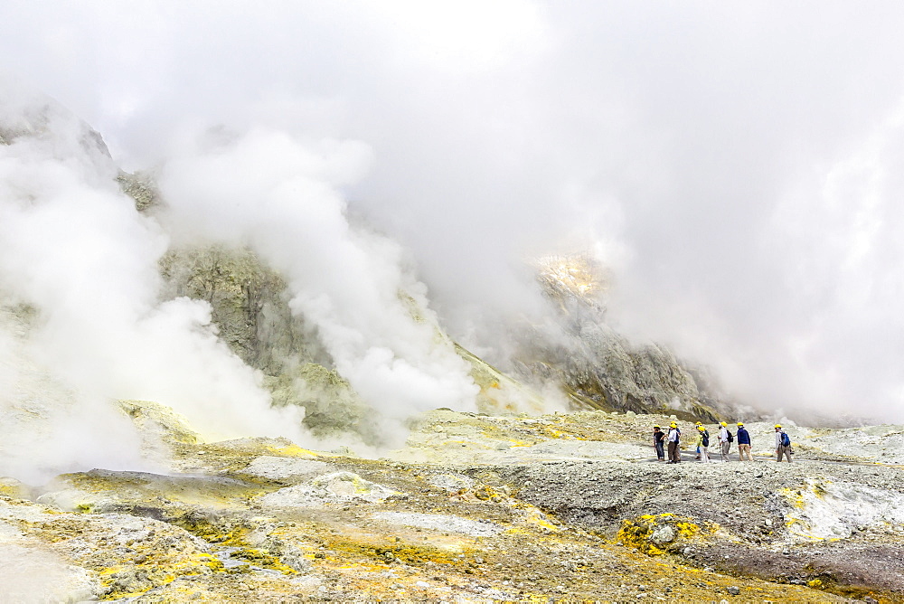 Visitors at an active andesite stratovolcano on White Island, North Island, New Zealand, Pacific