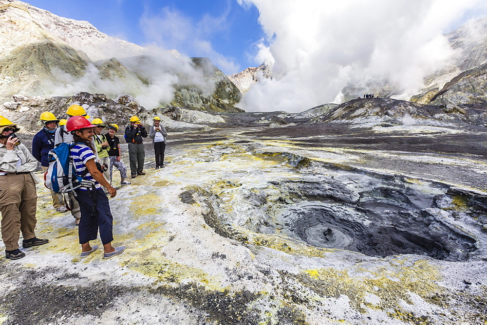 Visitors at an active andesite stratovolcano on White Island, North Island, New Zealand, Pacific