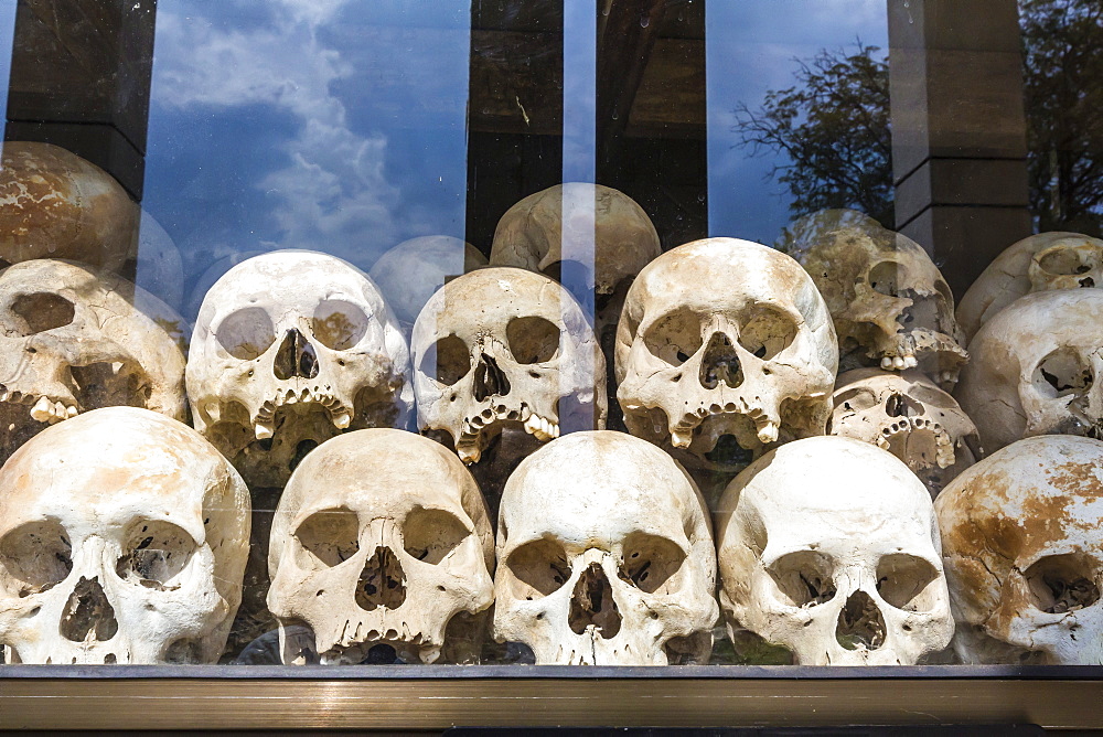 Human skulls on display in a Monument at the Killing Fields of Choueng Ek, victims under the Khmer Rouge, Phnom Penh, Cambodia, Indochina, Southeast Asia, Asia 