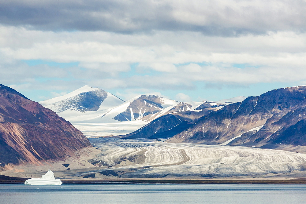 View of snow-capped mountains from Cape Hay, Bylot Island, Nunavut, Canada, North America 