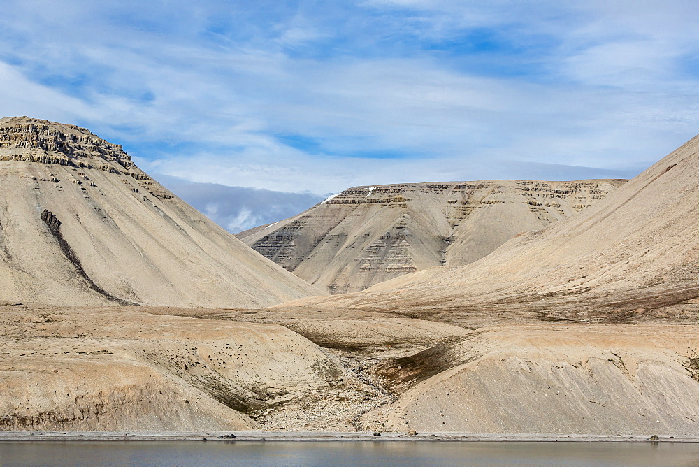 View of sedimentary layers from Cape Hay, Bylot Island, Nunavut, Canada, North America 