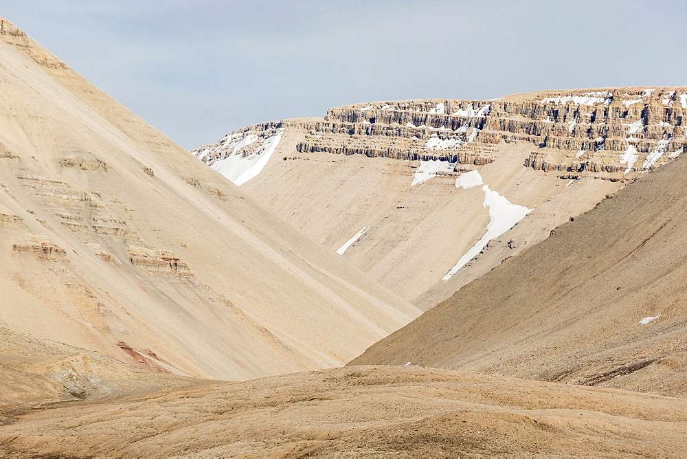 View of sedimentary layers from Cape Hay, Bylot Island, Nunavut, Canada, North America 