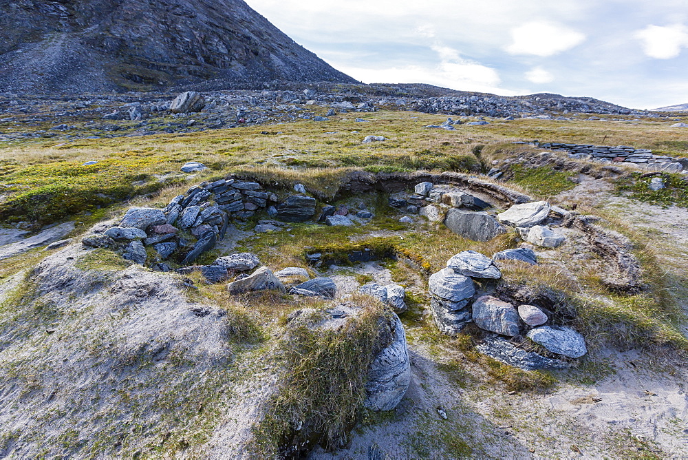 Thule semi-subterranean winter home sites in Fechem Bay, Baffin Island, Nunavut, Canada, North America