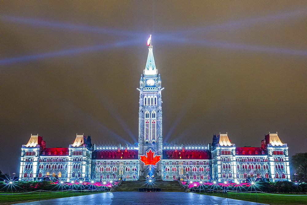 Parliament Hill sound and light show Mosaika, projected onto the capital Parliament Building, Ottawa, Ontario, Canada, North America