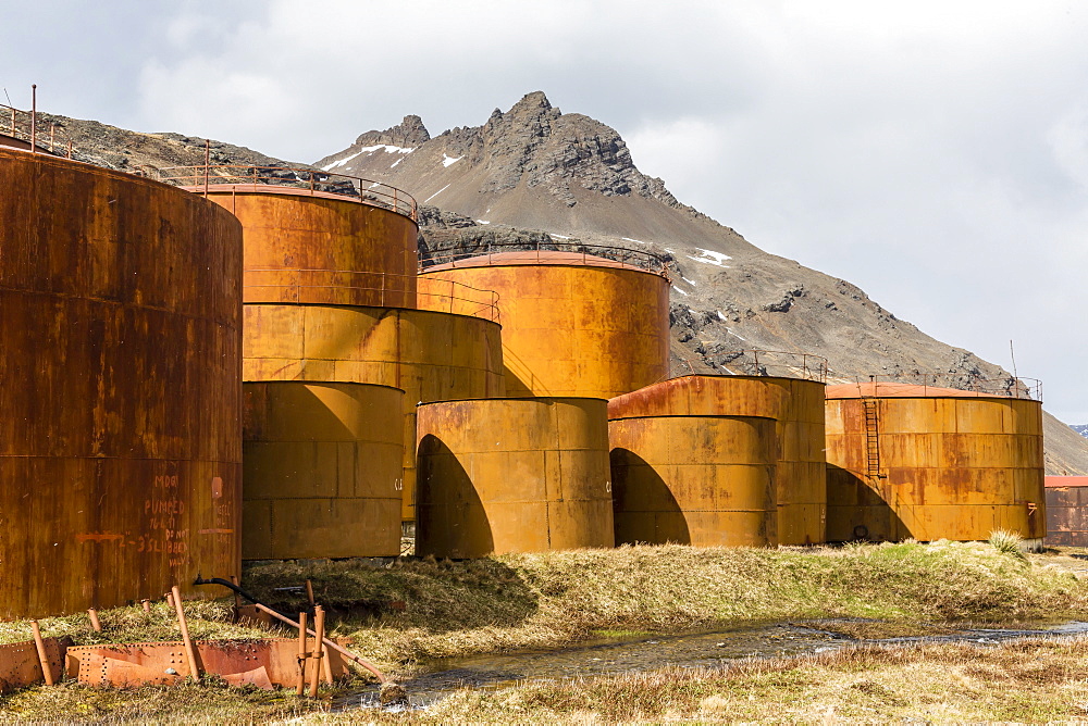 The oil storage tanks at the abandoned and recently restored whaling station at Grytviken, South Georgia, UK Overseas Protectorate, Polar Regions