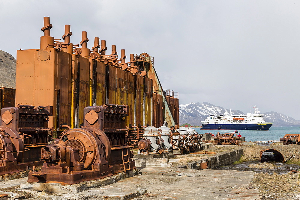 The Lindblad Expeditions ship National Geographic Explorer at anchor at the abandoned whaling station in Grytviken, South Georgia, UK Overseas Protectorate, Polar Regions