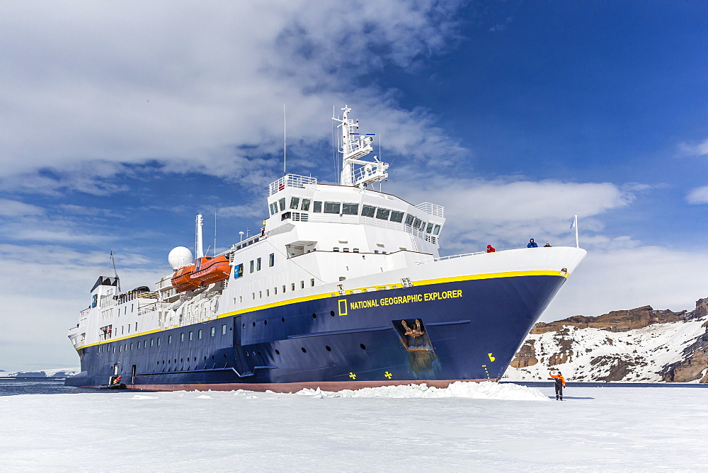 The Lindblad Expeditions ship National Geographic Explorer wedged into fast ice, Duse Bay, Weddell Sea, Antarctica, Polar Regions