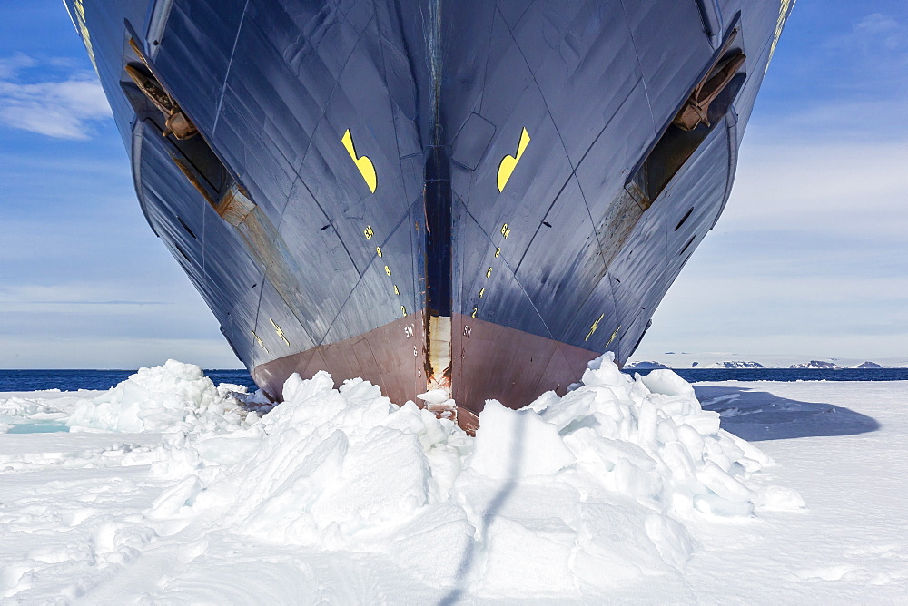 The Lindblad Expeditions ship National Geographic Explorer wedged into fast ice, Duse Bay, Weddell Sea, Antarctica, Polar Regions