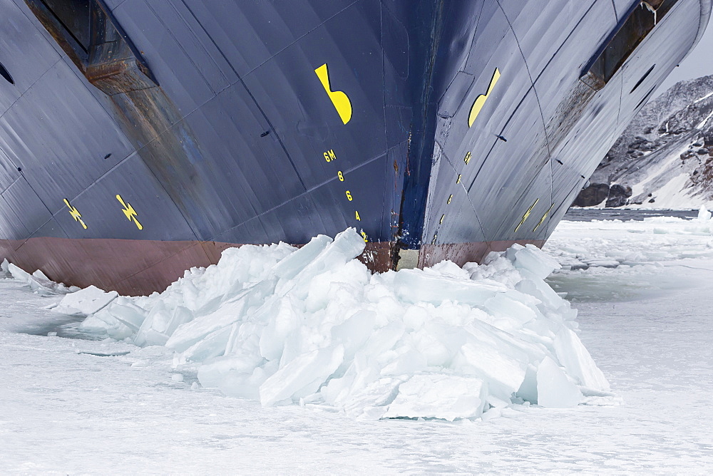 The Lindblad Expeditions ship National Geographic Explorer wedged into fast ice, Duse Bay, Weddell Sea, Antarctica, Polar Regions