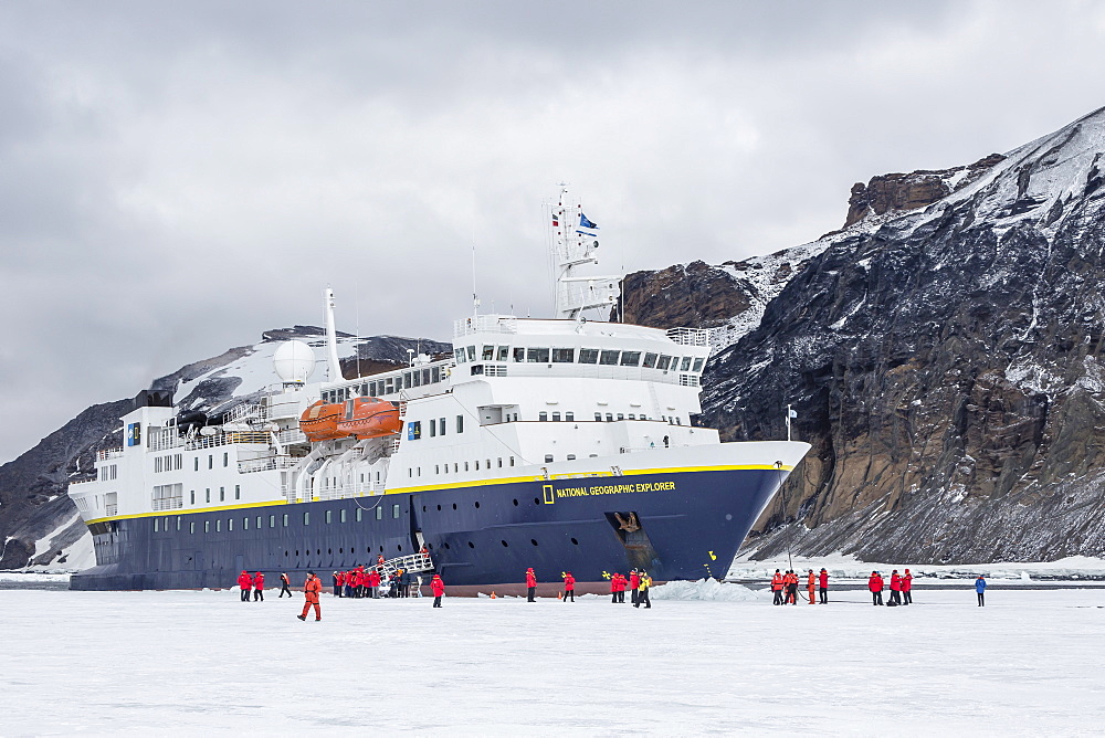 The Lindblad Expeditions ship National Geographic Explorer wedged into fast ice, Duse Bay, Weddell Sea, Antarctica, Polar Regions