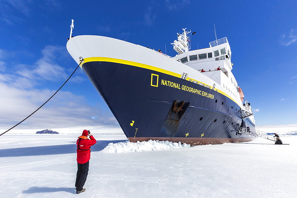 The Lindblad Expeditions ship National Geographic Explorer wedged into fast ice, Duse Bay, Weddell Sea, Antarctica, Polar Regions