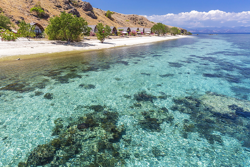 Komodo Diving Resort outdoor bungalows on Sebayur Island, Komodo Island National Park, Indonesia, Southeast Asia, Asia