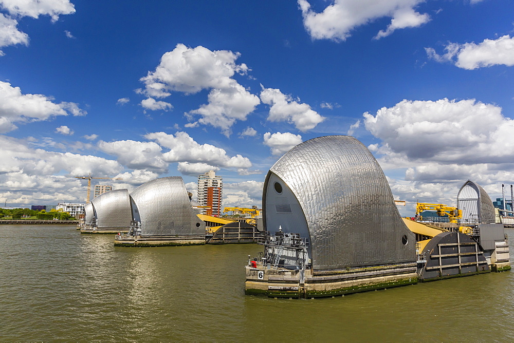 The Thames Flood Barrier between Greenwich and Woolwich on the River Thames, London, England, United Kingdom, Europe