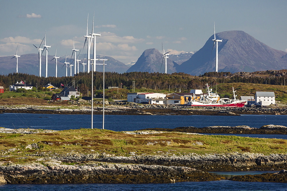 View of massive wind turbines in a wind farm near Smola Island, Norway, Scandinavia, Europe