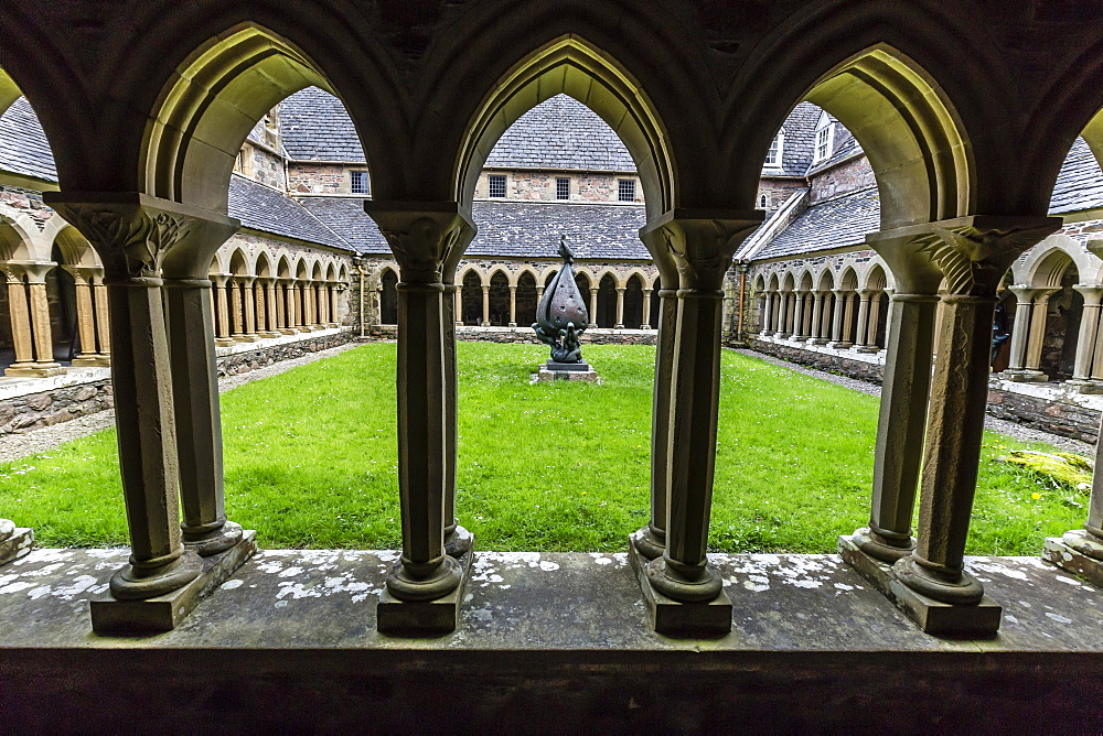 View of the inner courtyard at the Iona Abbey on Iona Island, western Outer Hebrides, Scotland, United Kingdom, Europe