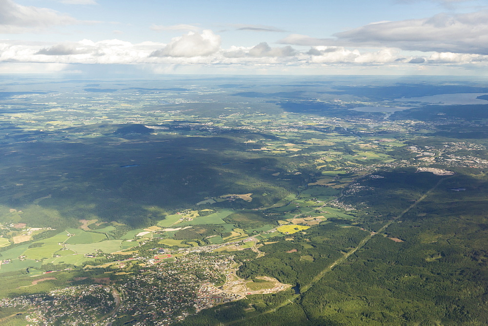 Aerial view of farmland surrounding Oslo taken on a commercial flight to Oslo, Norway, Scandinavia, Europe