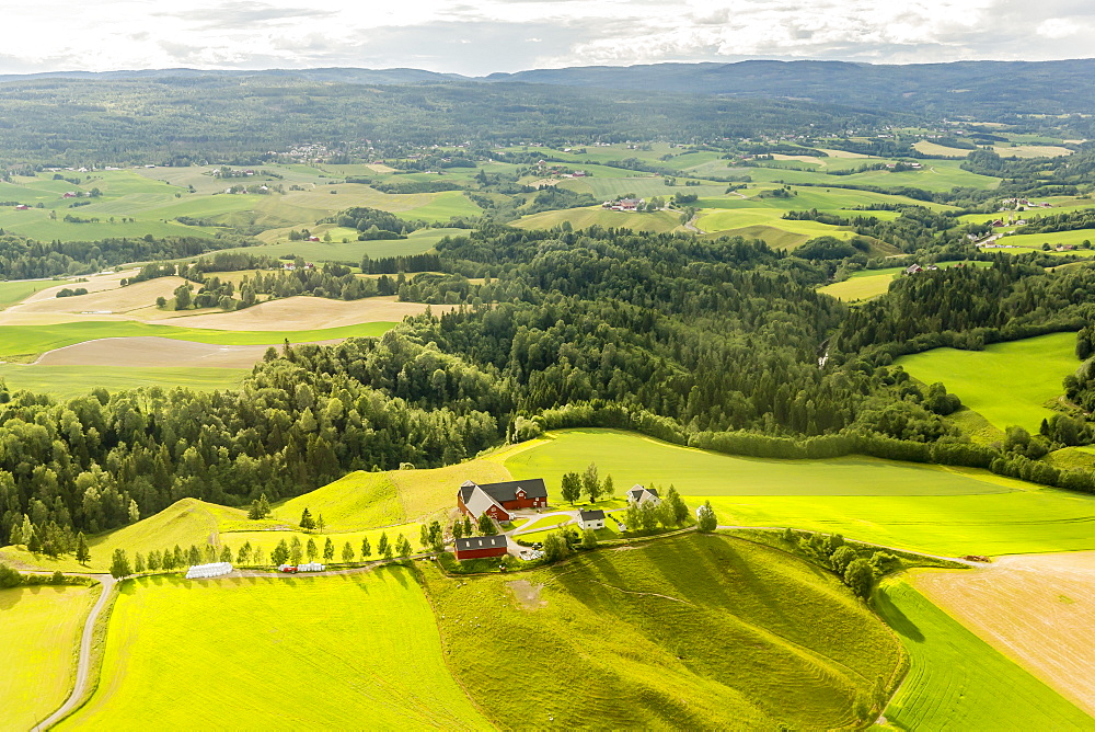 Aerial view of farmland surrounding Oslo taken on a commercial flight to Oslo, Norway, Scandinavia, Europe