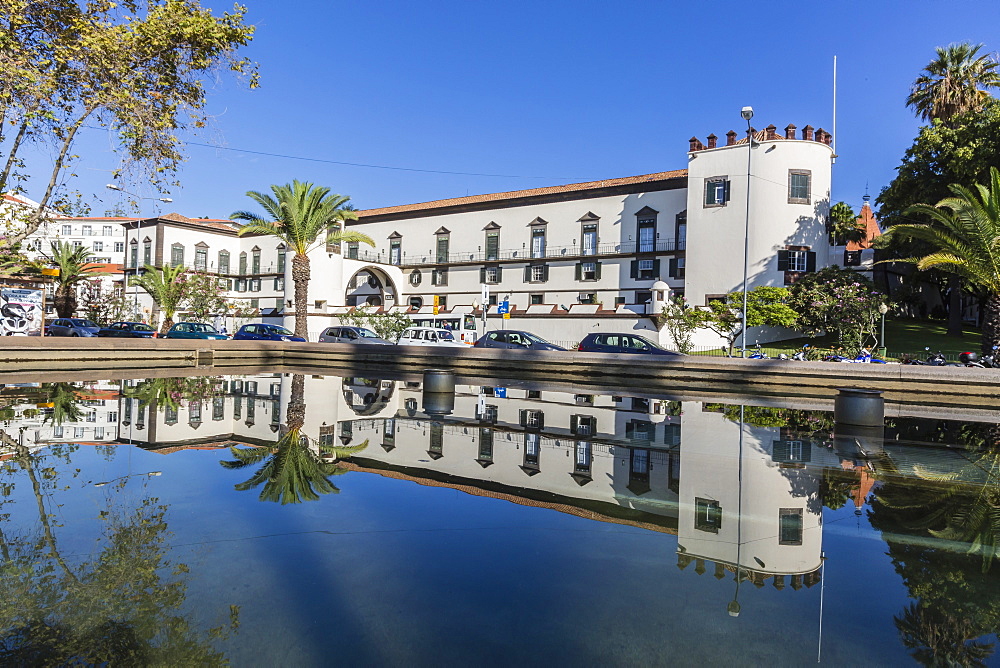 Reflected view of the Palacio de Sao Lourenco in the heart of the city of Funchal, Madeira, Portugal, Europe