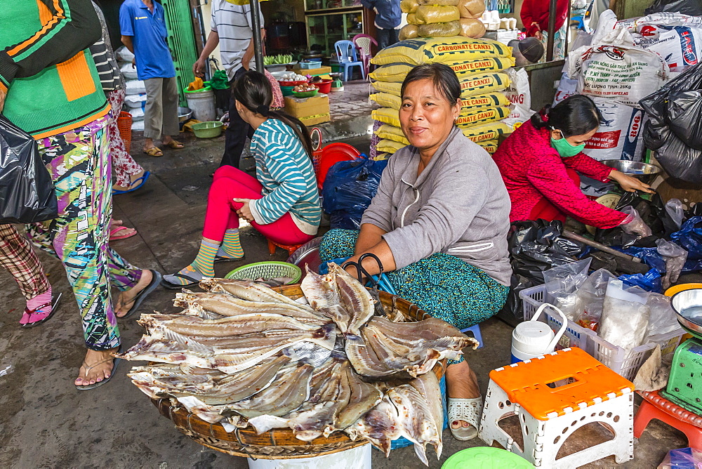 Woman selling dried fish at the local market in Chau Doc, Mekong River Delta, Vietnam, Indochina, Southeast Asia, Asia