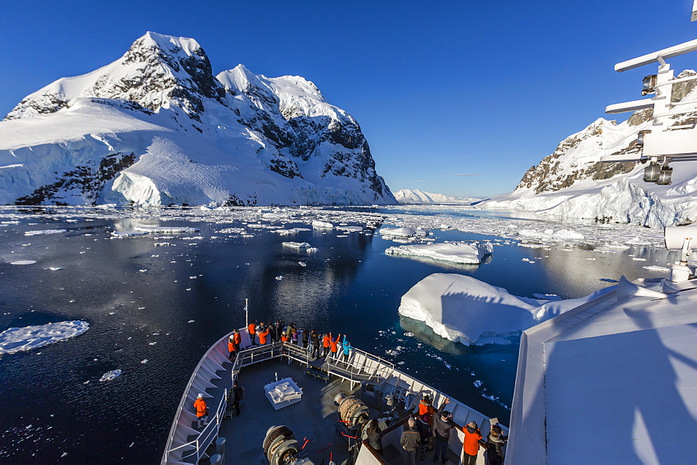 The Lindblad Expeditions ship National Geographic Explorer in the Lemaire Channel, Antarctica, Polar Regions