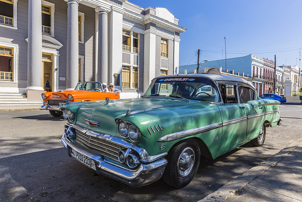 Classic 1958 Chevrolet Bel Air taxi, locally called an almendrone in the town of Cienfuegos, Cuba, West Indies, Caribbean, Central America