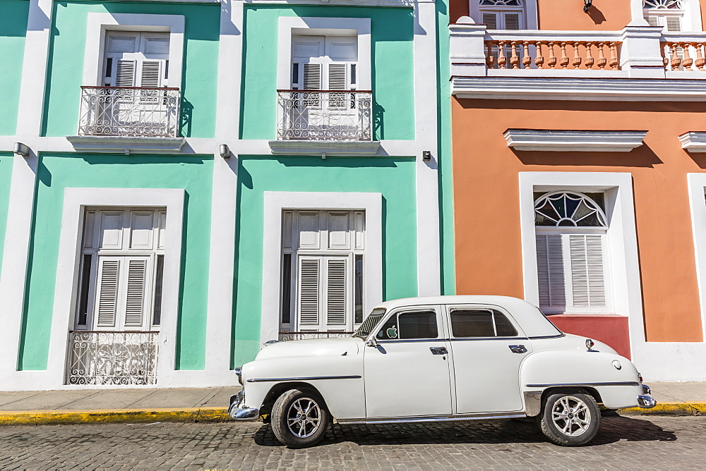 Classic 1950s Plymouth taxi, locally known as almendrones in the town of Cienfuegos, Cuba, West Indies, Caribbean, Central America