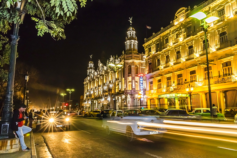 Cityscape view of the Hotel Inglaterra taken at night, taken from the Prado in old Havana, Cuba, West Indies, Central America